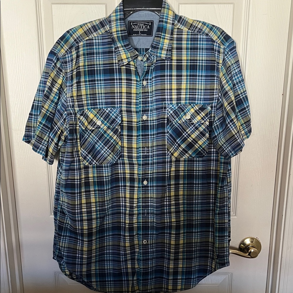 Nautica Men's Cotton Checkered Plaid Shirt in Blue and Yellow Large